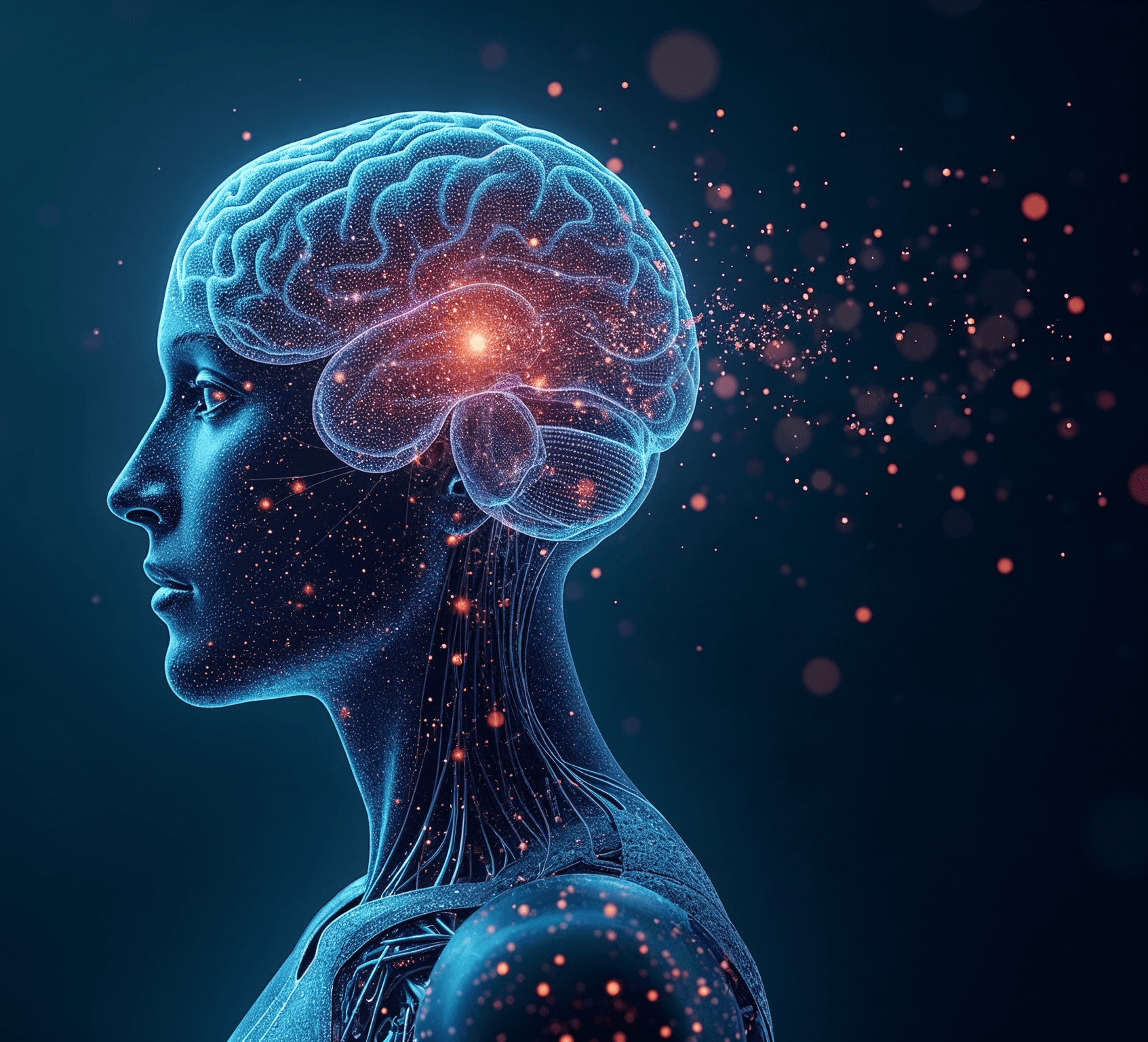 Digitale Illustration eines menschlichen Kopfes im Profil mit leuchtendem Gehirn und abstrakten Datenpunkten, die Intelligenz und Technologie symbolisieren.