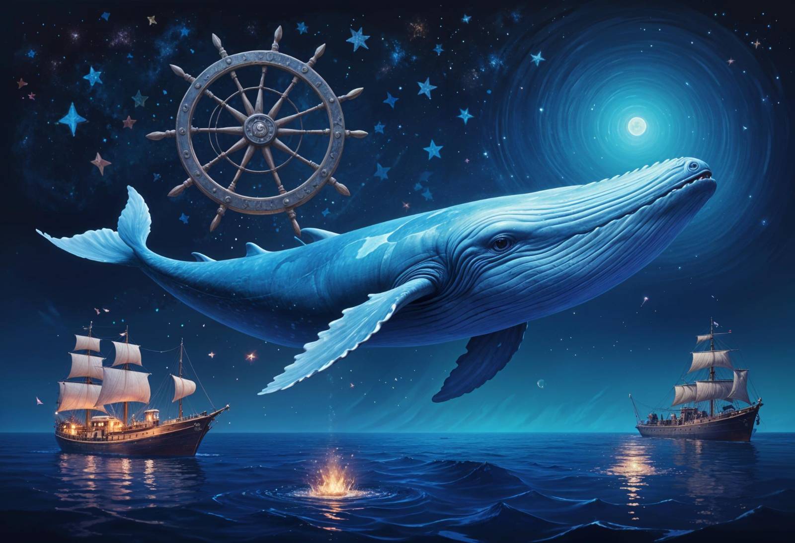 Großer, blauer Wal schwimmt nachts im Meer, im Hintergrund ein Segelschiff und ein Steuerrad am Sternenhimmel, inspiriert von Docker und Kubernetes.