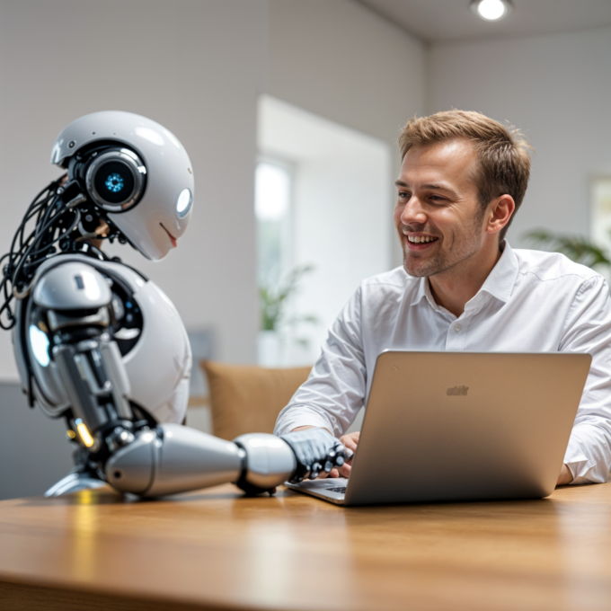 Mensch und humanoider Roboter sitzen an einem Tisch, der Mensch arbeitet am Laptop und beide lächeln sich an.