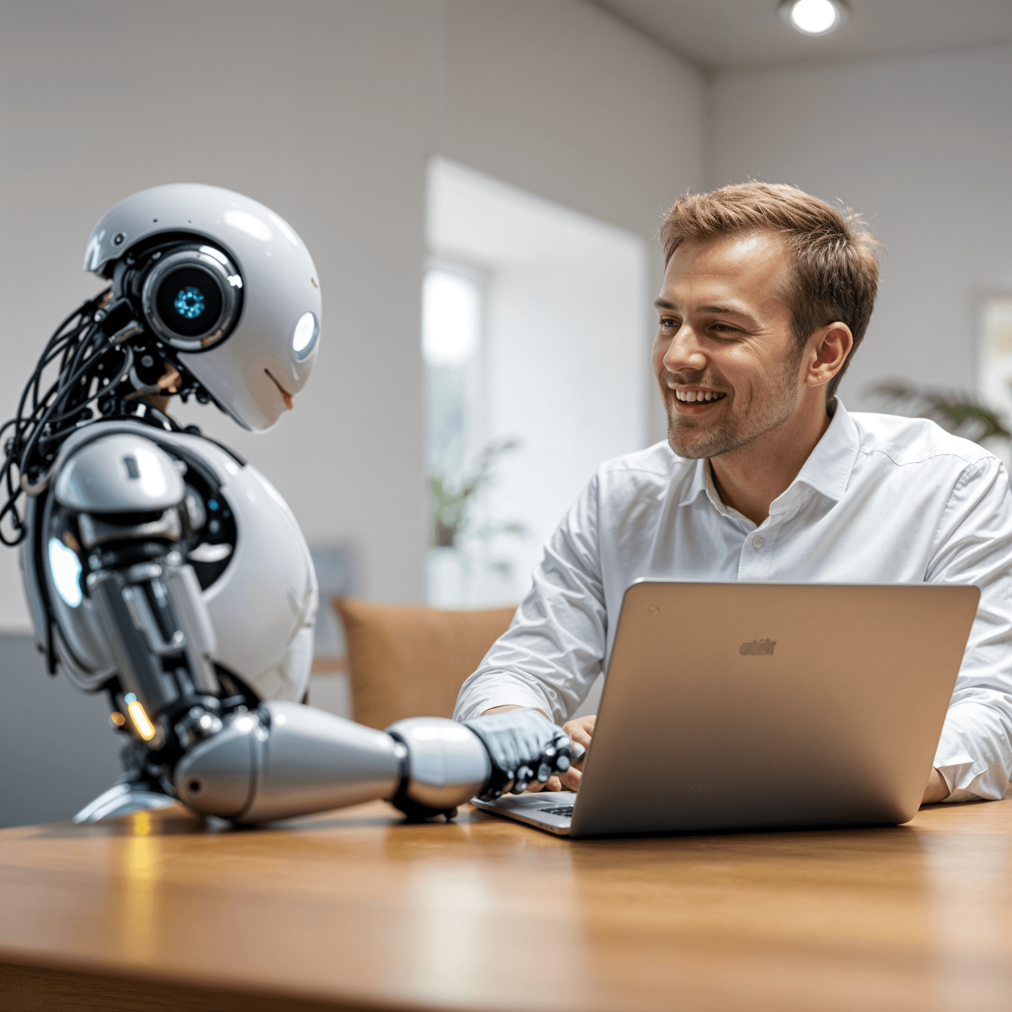 Mensch und humanoider Roboter sitzen an einem Tisch, der Mensch arbeitet am Laptop und beide lächeln sich an.