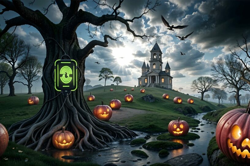 Eine gruselige Halloween-Landschaft mit Kürbislaternen, einem alten Schloss auf einem Hügel und einem großen Baum, an dem ein biometrischer Zugangssensor mit einem grünen Gesicht leuchtet.