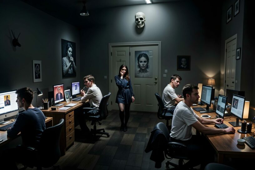 Dunkler Raum mit mehreren Personen an Computern, eine Frau steht in der Mitte, an den Wänden hängen düstere Porträts und ein Totenkopf.