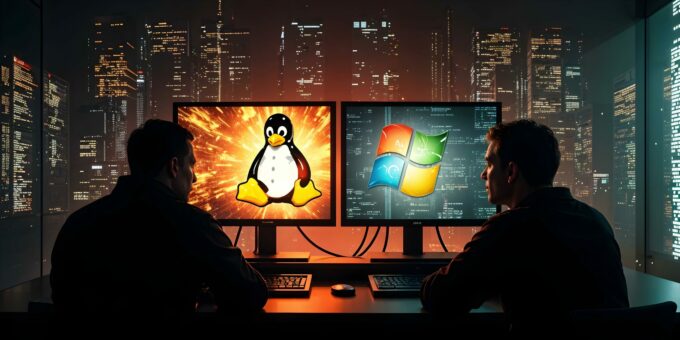 Zwei Personen sitzen nachts vor Monitoren mit den Logos von Linux (Tux-Pinguin) und Windows. Im Hintergrund leuchtet eine Stadt, die Bildschirme sind von dramatischem Licht umgeben.