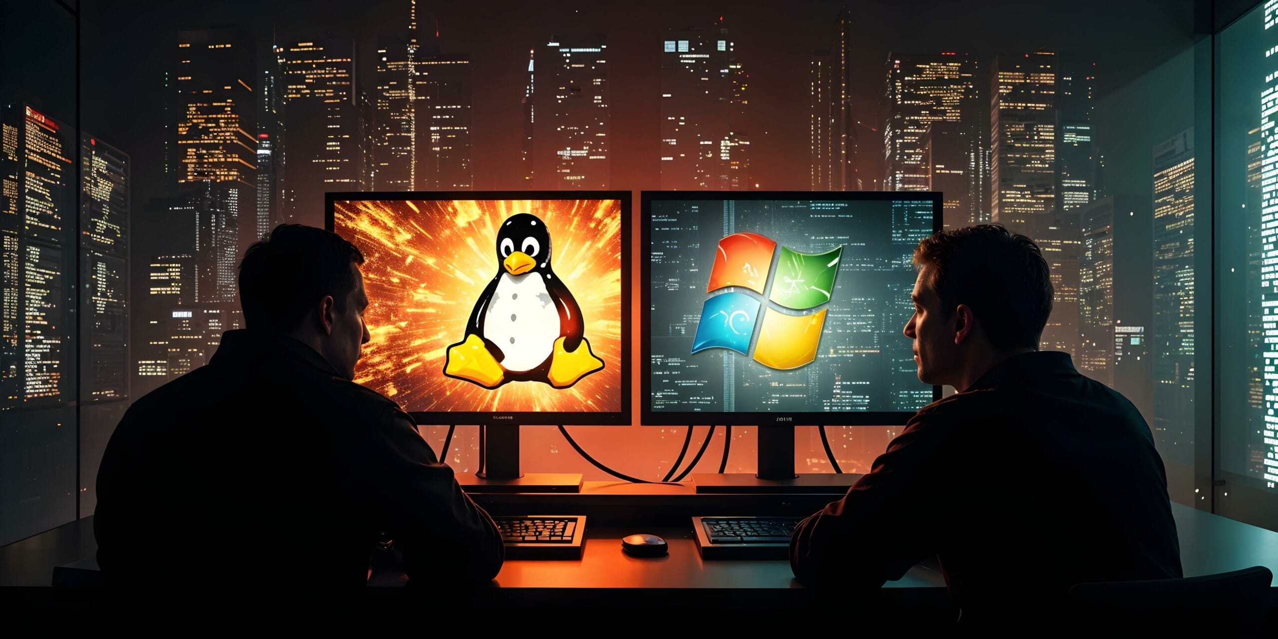 Zwei Personen sitzen nachts vor Monitoren mit den Logos von Linux (Tux-Pinguin) und Windows. Im Hintergrund leuchtet eine Stadt, die Bildschirme sind von dramatischem Licht umgeben.