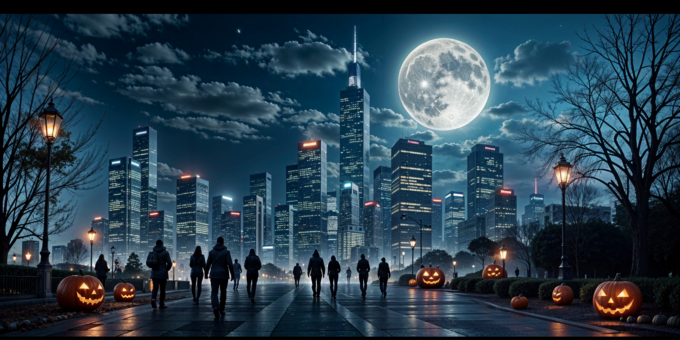 Moderne Großstadt bei Nacht mit leuchtenden Hochhäusern, Vollmond am Himmel, Menschen auf der Straße und Halloween-Kürbissen.