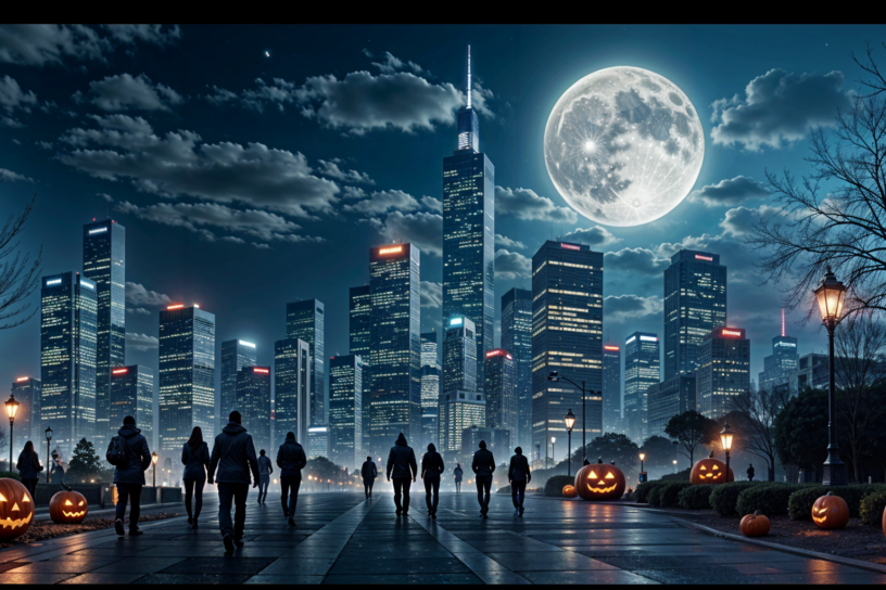Moderne Großstadt bei Nacht mit leuchtenden Hochhäusern, Vollmond am Himmel, Menschen auf der Straße und Halloween-Kürbissen.