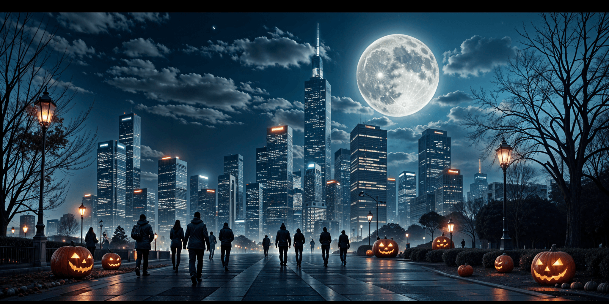 Moderne Großstadt bei Nacht mit leuchtenden Hochhäusern, Vollmond am Himmel, Menschen auf der Straße und Halloween-Kürbissen.
