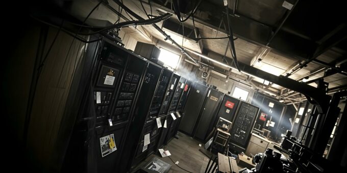 Ein altes, staubiges Rechenzentrum mit dunklen Serverracks, herabhängenden Kabeln und schwachem Licht, das durch ein Fenster fällt.