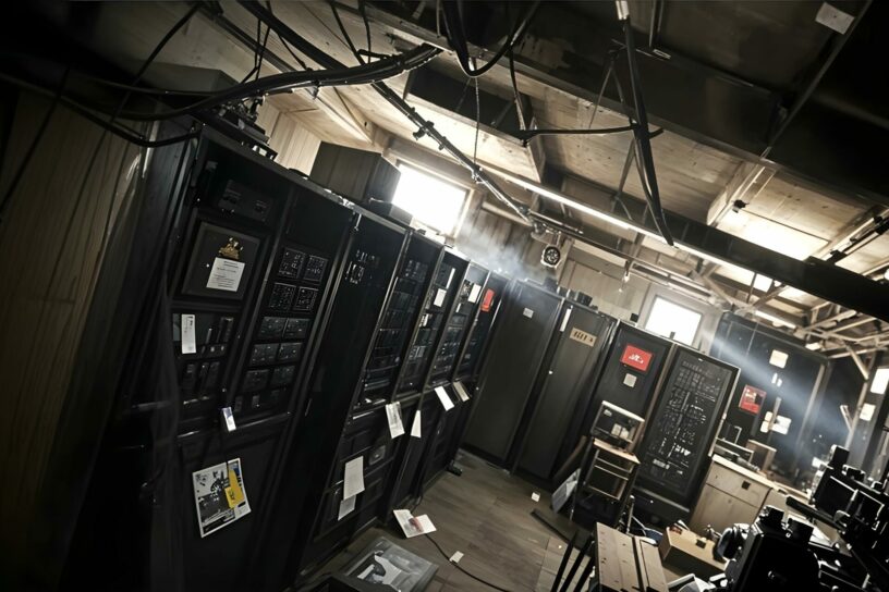 Ein altes, staubiges Rechenzentrum mit dunklen Serverracks, herabhängenden Kabeln und schwachem Licht, das durch ein Fenster fällt.