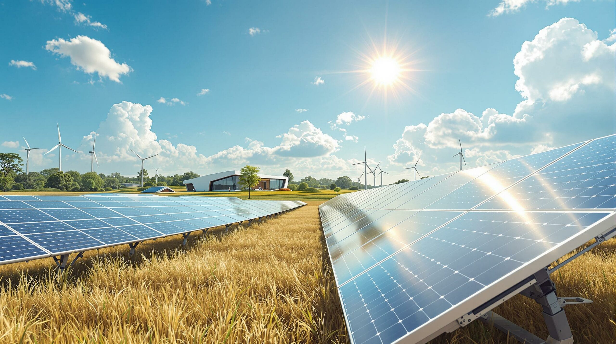 Große Solarpanels stehen auf einem sonnigen Feld unter blauem Himmel. Im Hintergrund sind Windräder und ein Bauernhof zu sehen.