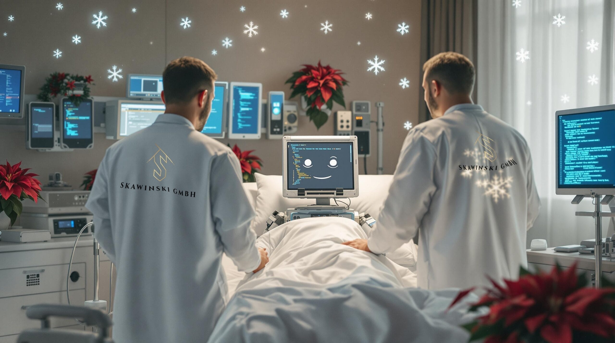 Zwei Ärzte in weißen Kitteln stehen an einem Krankenbett in einem festlich geschmückten Krankenhauszimmer. Auf den Monitoren sind weihnachtliche Motive und ein lächelndes Gesicht zu sehen.