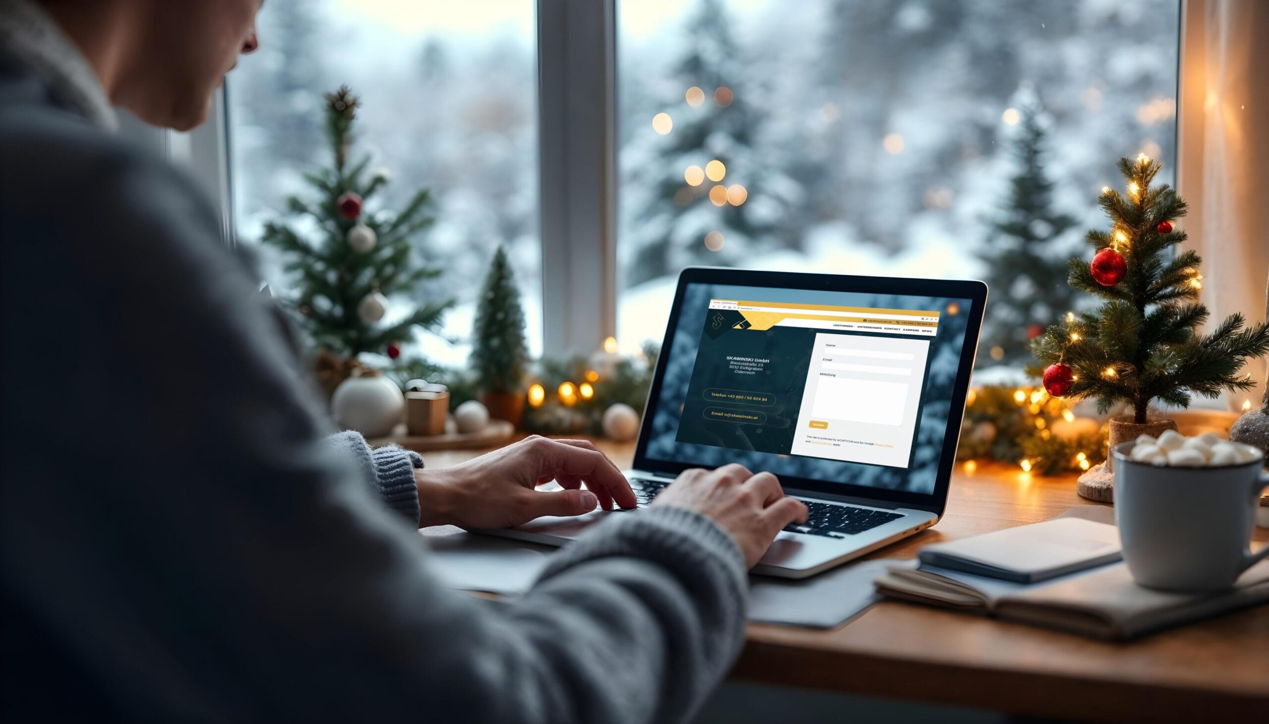 Eine Person tippt an einem festlich dekorierten Schreibtisch auf einem Laptop. Im Hintergrund sind ein Fenster mit Schneelandschaft und weihnachtlicher Dekoration zu sehen.