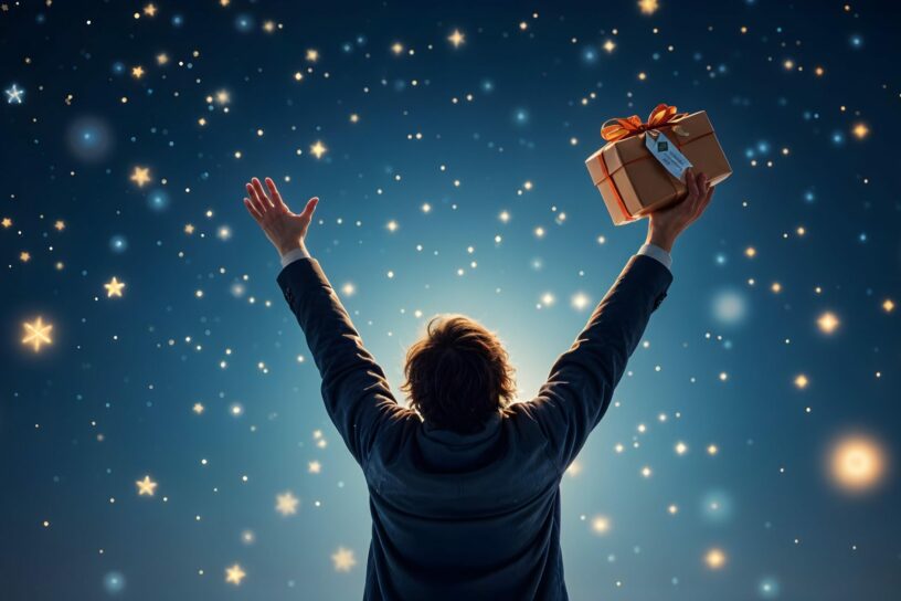 Eine Person steht mit erhobenen Armen unter einem funkelnden Sternenhimmel und hält ein weihnachtlich verpacktes Geschenk in der Hand.