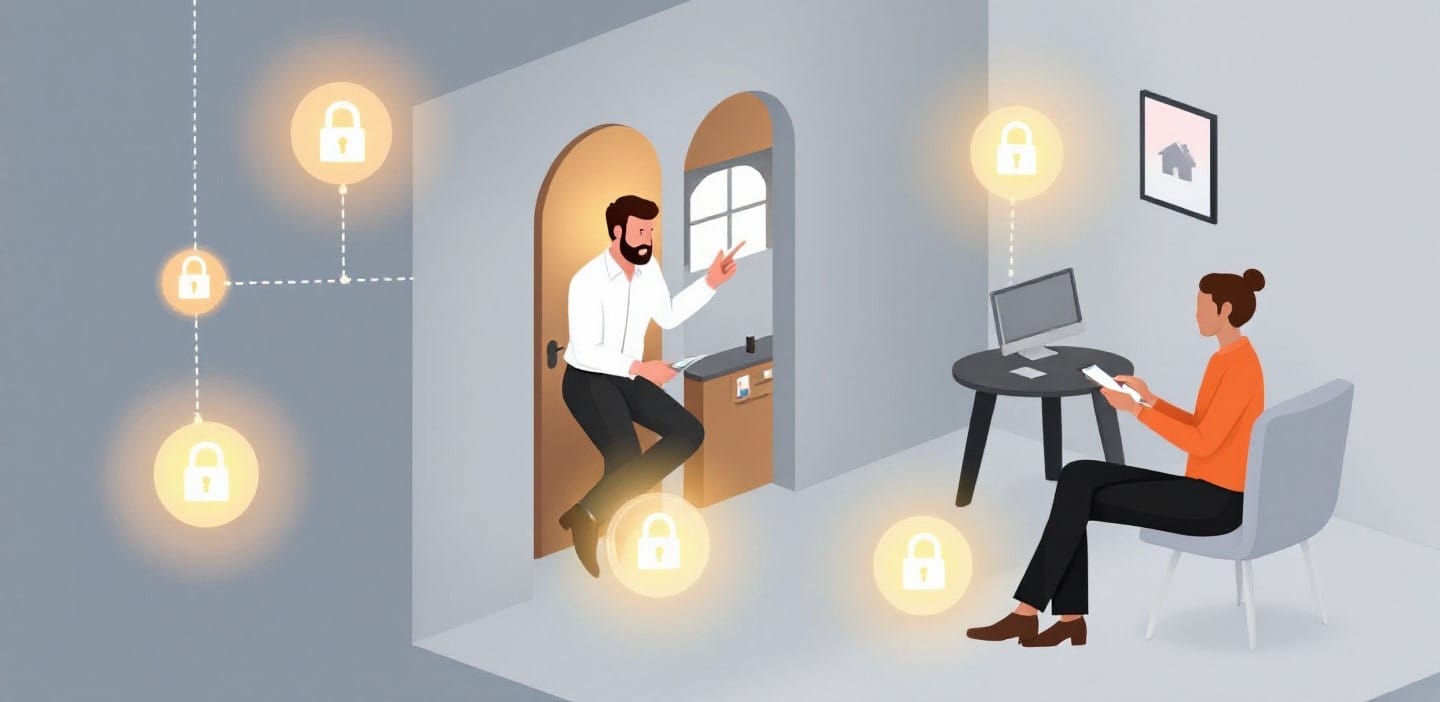 Illustration eines Mannes, der an einer Tür lehnt und mit einer Person am Tisch spricht. Im Raum leuchten mehrere stilisierte Glühbirnen.