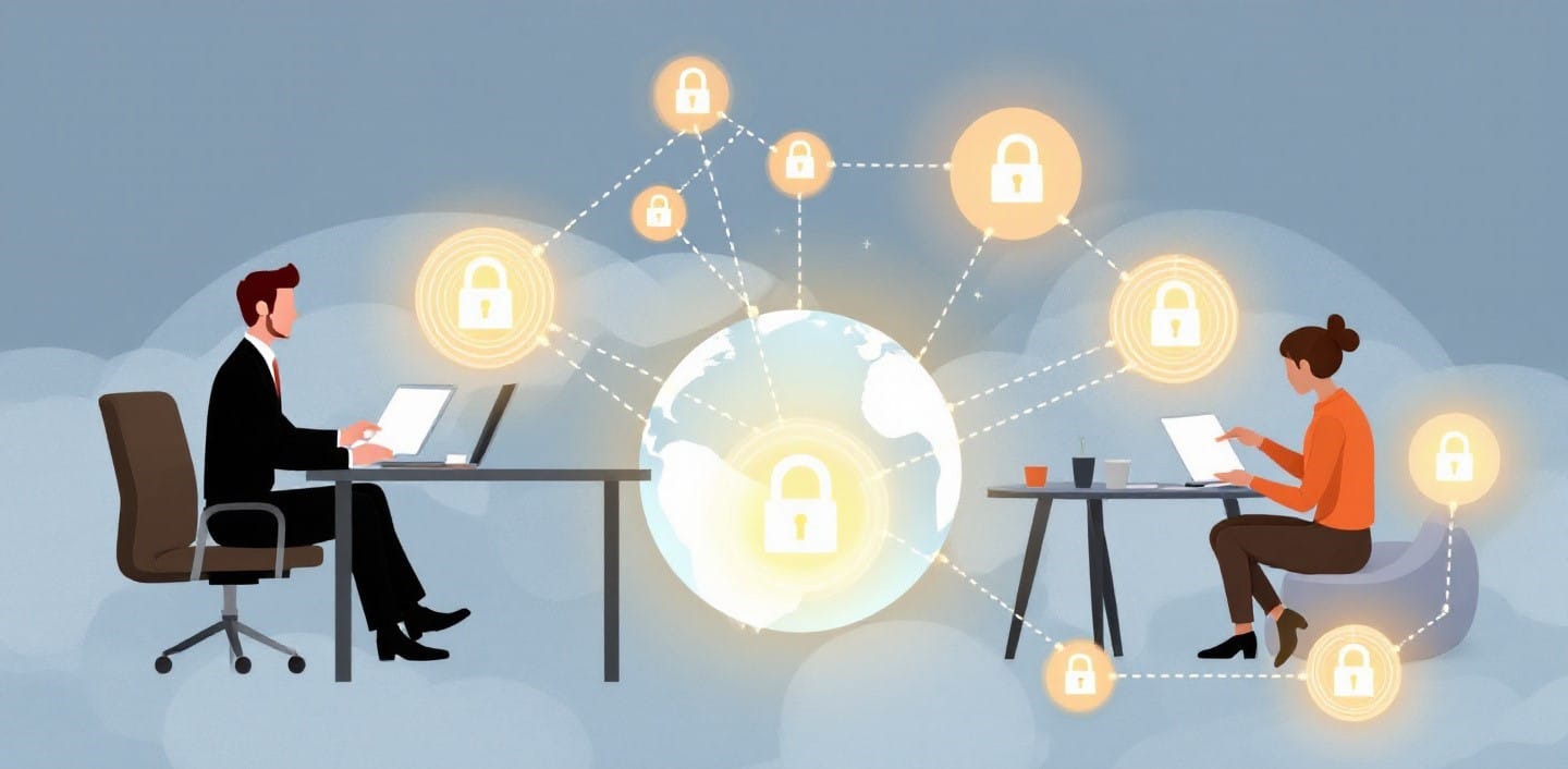 Illustration einer vernetzten Weltkugel mit mehreren leuchtenden Symbolen von Vorhängeschlössern, die durch Linien miteinander verbunden sind. Links und rechts sitzen Personen an Schreibtischen mit Laptops.