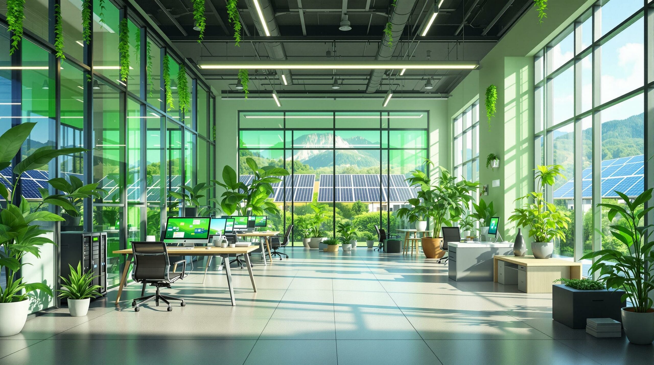 Modernes, lichtdurchflutetes Büro mit vielen grünen Pflanzen und Blick auf eine große Solaranlage vor dem Fenster.