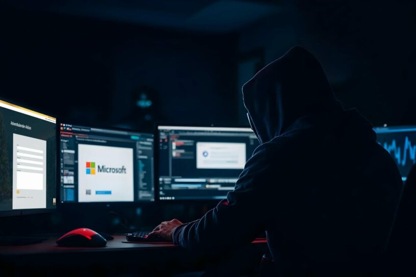 Eine Person mit Kapuze sitzt in einem dunklen Raum vor mehreren Monitoren, auf denen das Microsoft-Logo und eine Phishing-Nachricht zu sehen sind.
