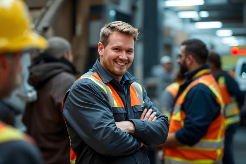 Ein lächelnder Mann in Arbeitskleidung und Warnweste steht mit verschränkten Armen in einer Werkhalle. Im Hintergrund sind weitere Personen in ähnlicher Kleidung zu sehen.