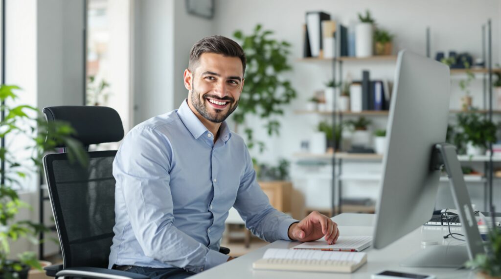 Freundlicher IT-Experte in einem modernen Büro, der lächelnd an einem Schreibtisch sitzt und auf einen Computerbildschirm schaut, bereit zur Beratung oder Unterstützung.