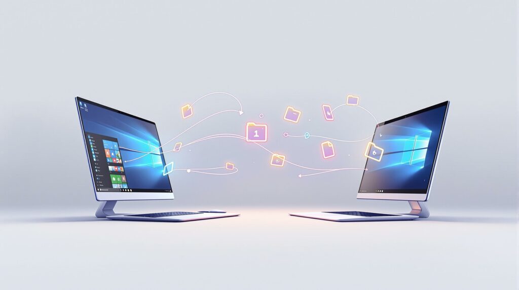 Zwei Desktop-Computer, die sich gegenüberstehen, mit animierten Symbolen von Dateien und Ordnern, die zwischen den Bildschirmen übertragen werden. Auf dem linken Bildschirm ist das Windows-Startmenü geöffnet.
