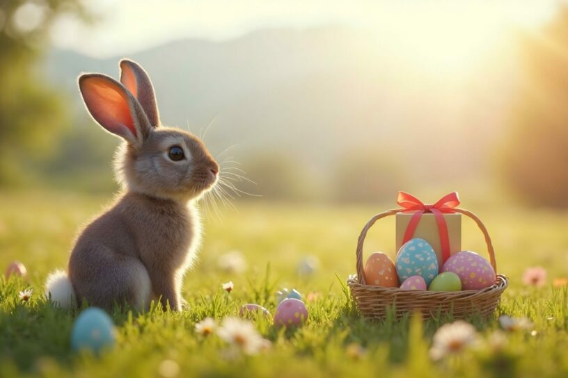 Ein Hase sitzt auf einer sonnigen Wiese neben einem Korb mit bunten Ostereiern.