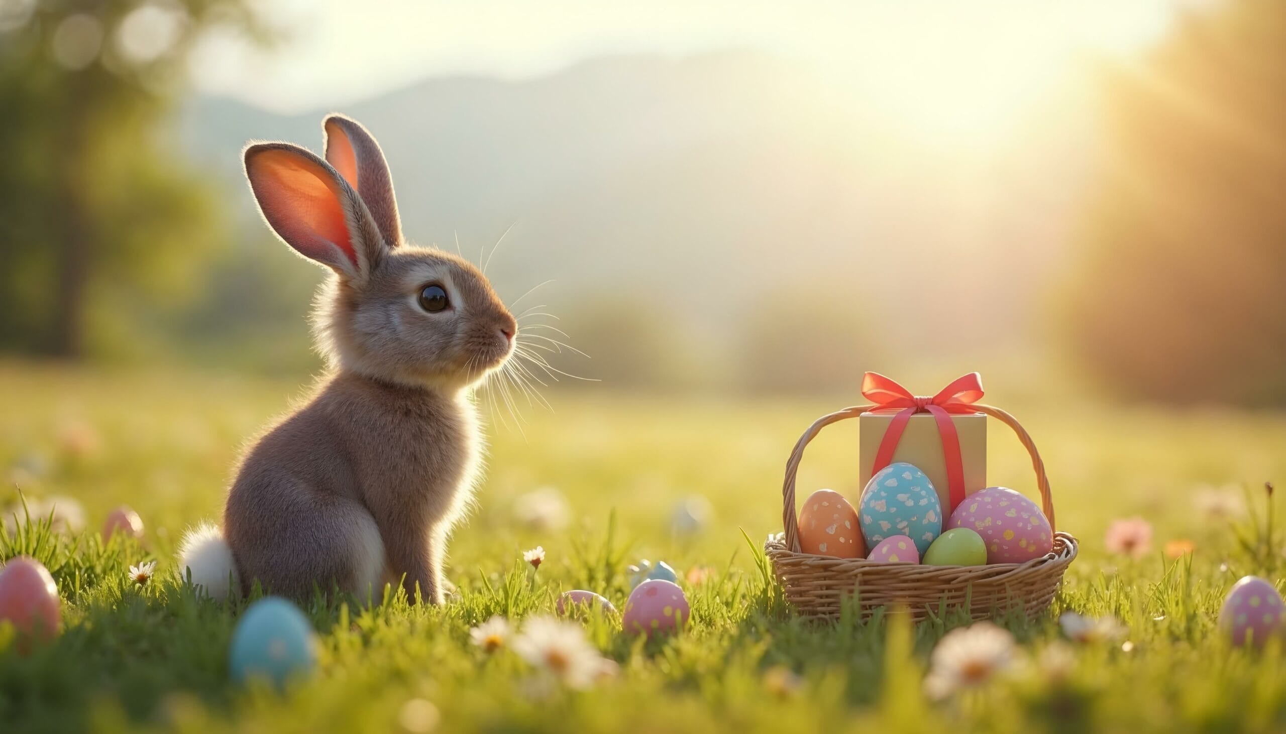 Ein Hase sitzt auf einer sonnigen Wiese neben einem Korb mit bunten Ostereiern.