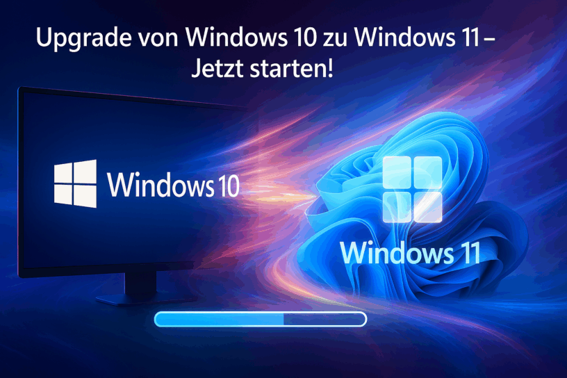 Upgrade von Windows 10 zu Windows 11 - Jetzt starten! Bildschirm mit Windows 10 Logo links und Windows 11 Logo rechts, verbunden durch einen Fortschrittsbalken auf blauem Hintergrund mit dynamischen Lichteffekten.