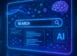 Futuristisches Interface einer KI-Suchmaschine mit leuchtenden Farben und modernen Designelementen