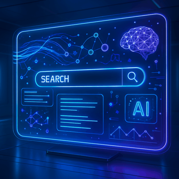 Futuristisches Interface einer KI-Suchmaschine mit leuchtenden Farben und modernen Designelementen