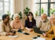 Katharina Grünwald (Mitte) leitet einen Digital-Workshop für vier Seniorinnen in einem hellen Raum. Die Teilnehmerinnen sitzen gemeinsam an einem Holztisch und arbeiten mit Tablets und Smartphones. Die freundliche Atmosphäre zeigt die praxisnahe Vermittlung digitaler Kompetenzen im Rahmen des Projekts Digital Überall Plus.