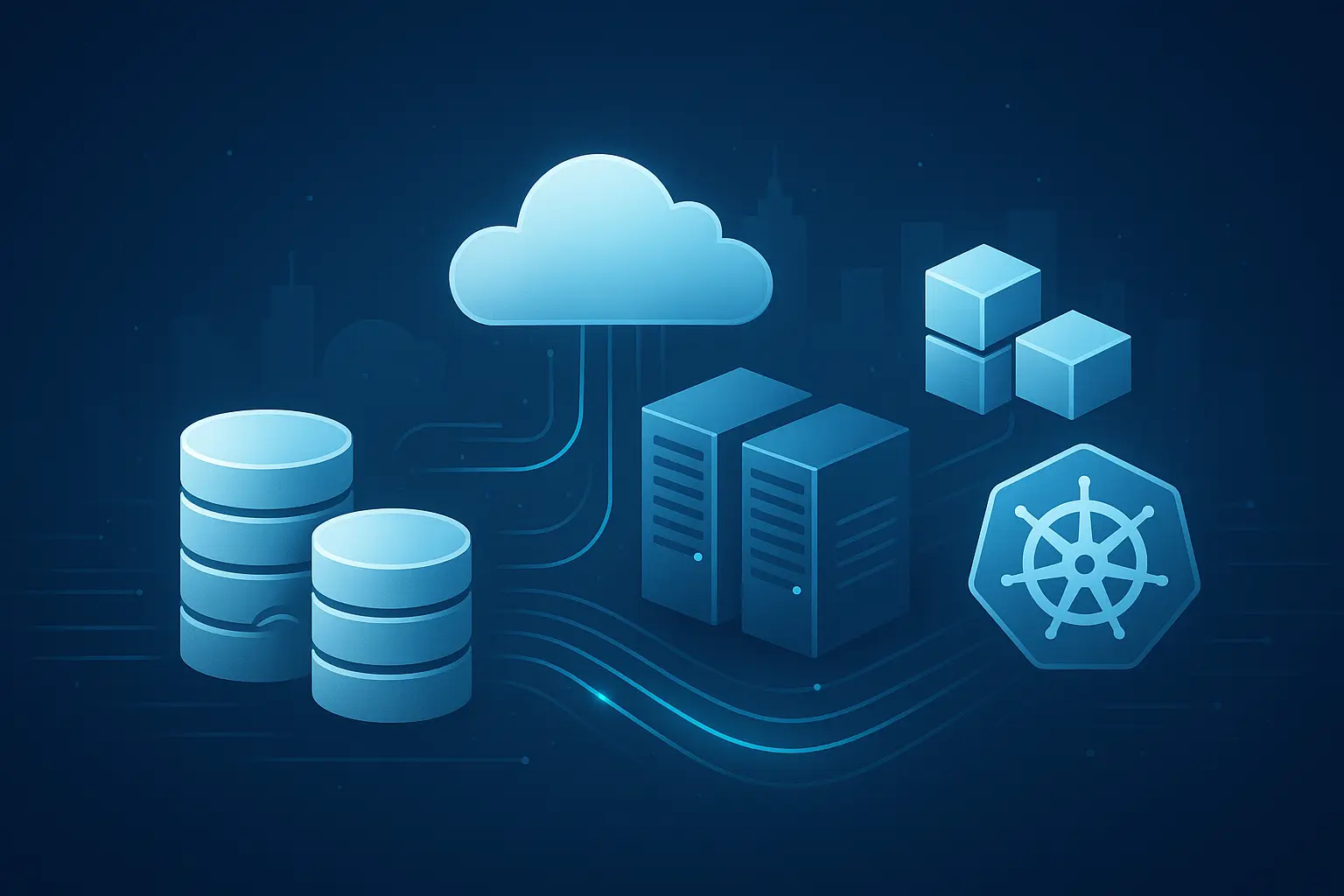 Illustration zu PostgreSQL Datenbankadministration mit Datenbanken, Cloud, Servern, Containern und Kubernetes