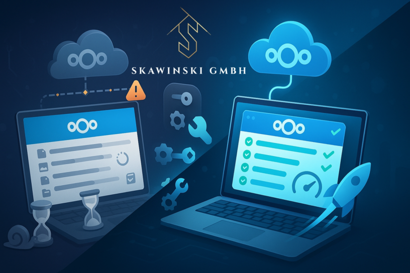 Hero-Illustration: Nextcloud Desktop Sync‑Bug verlangsamt Synchronisation – rechts der Workaround mit schneller Cloud